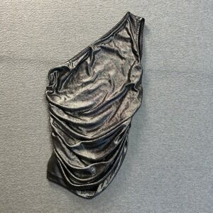 London Rose One Shoulder Ruched Top Womens M Metallic Gunmetal Y2K Party Shimmer